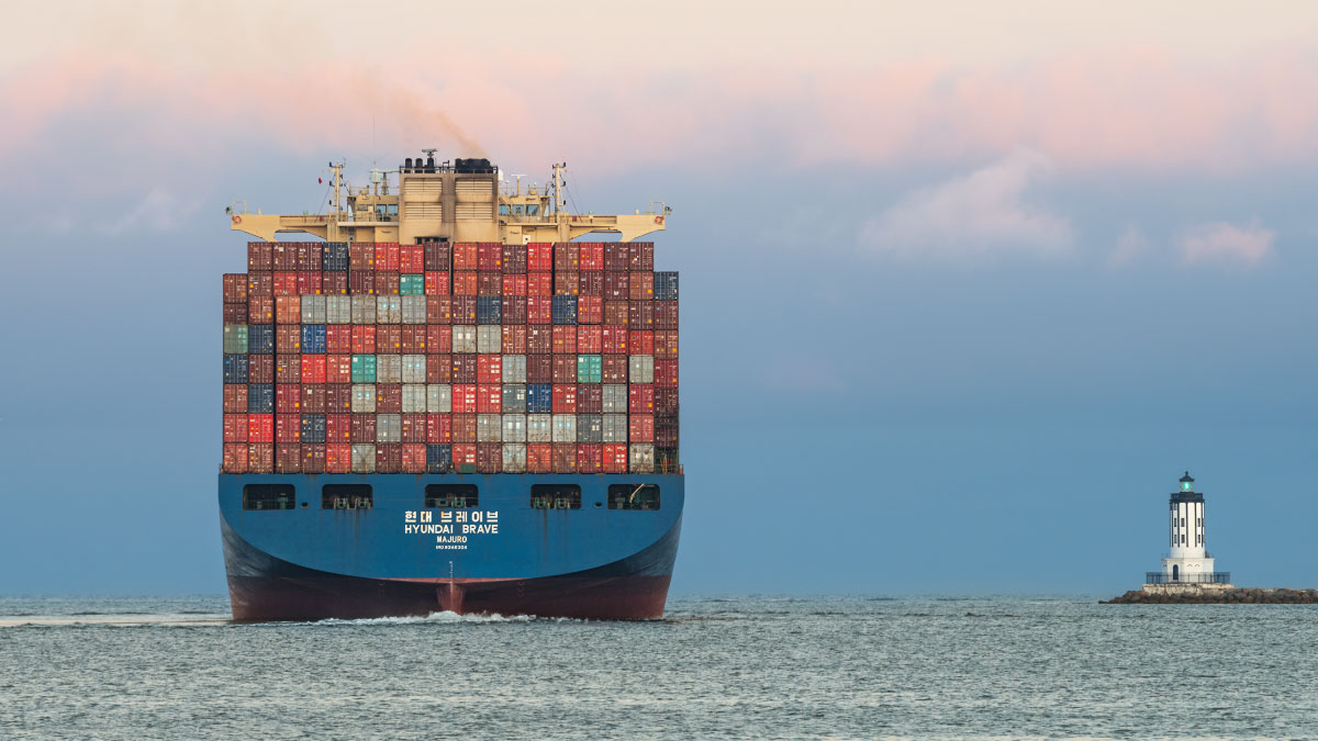 Container ship exits the port of Los Angeles