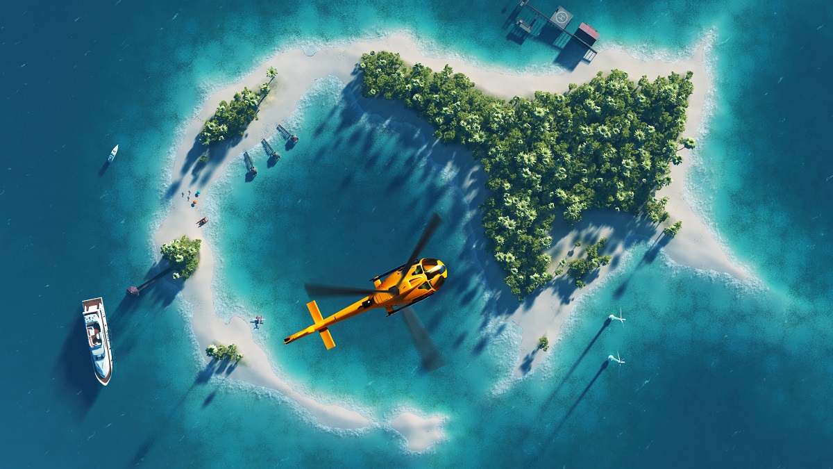 Helicopter hovering over a small island