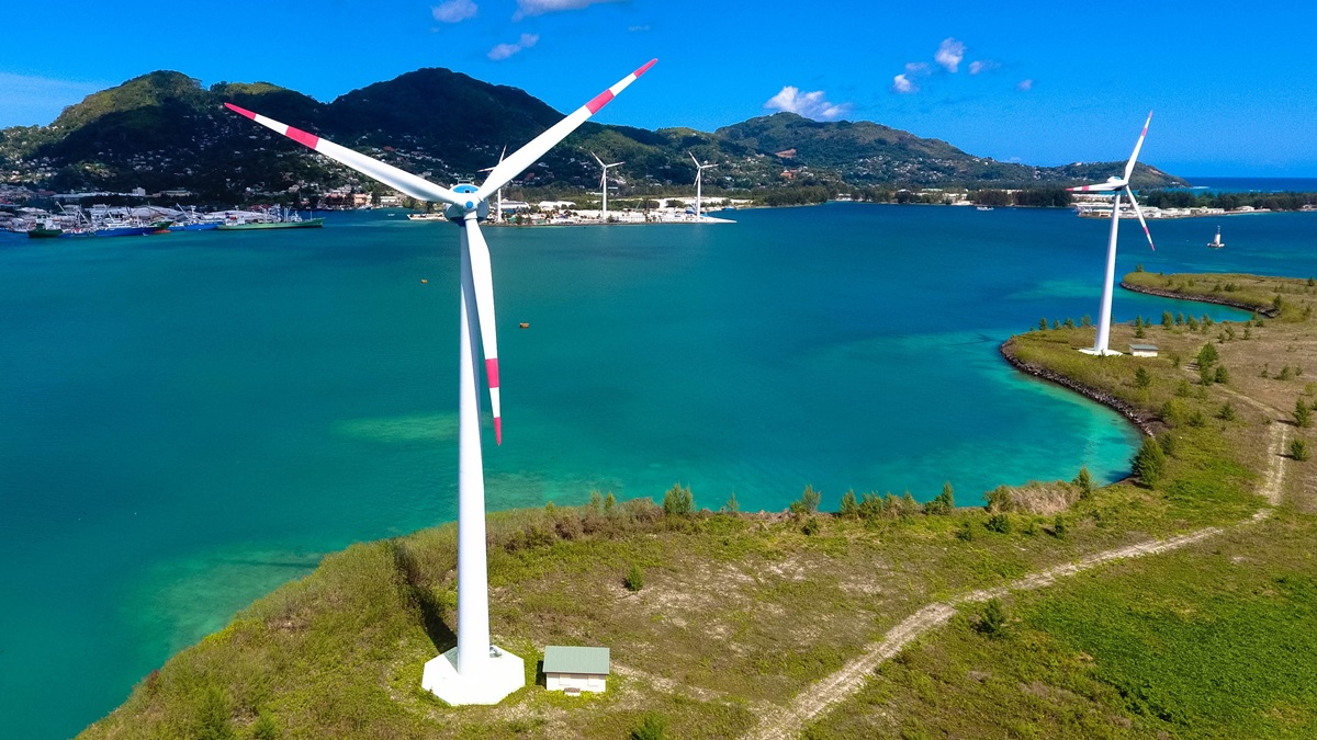 A wind power plant on Seychelles’ Mahe Island in the Indian Ocean off East Africa.